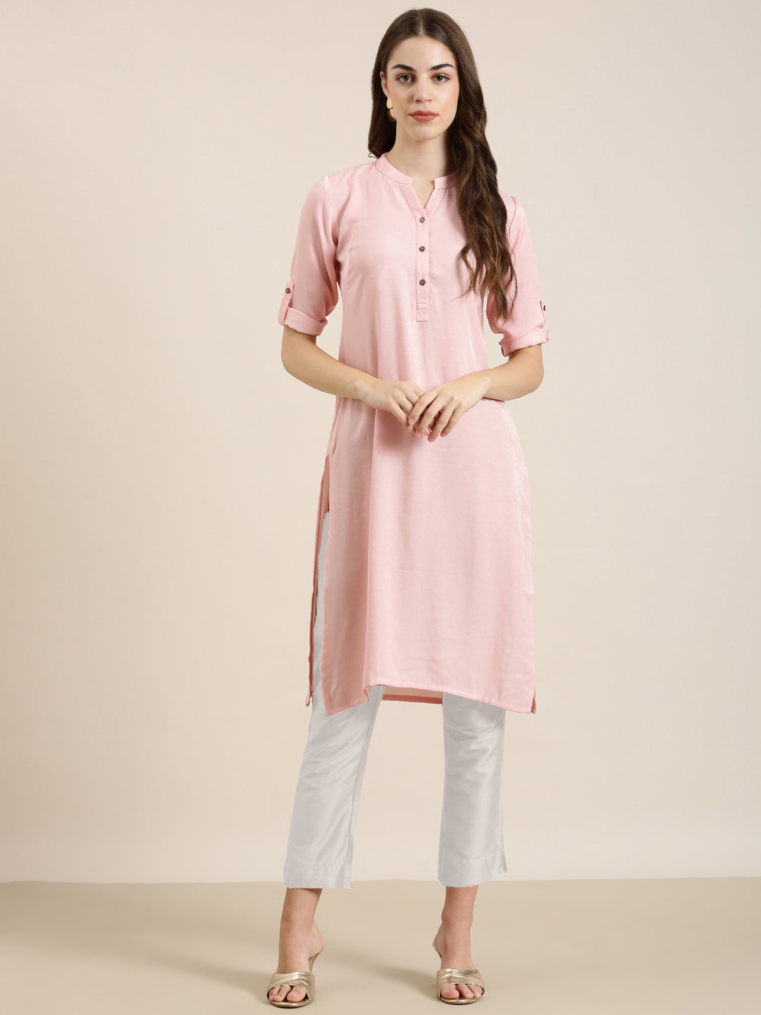 Women's Pink Mandarin Collar Cotton Straight Kurta
