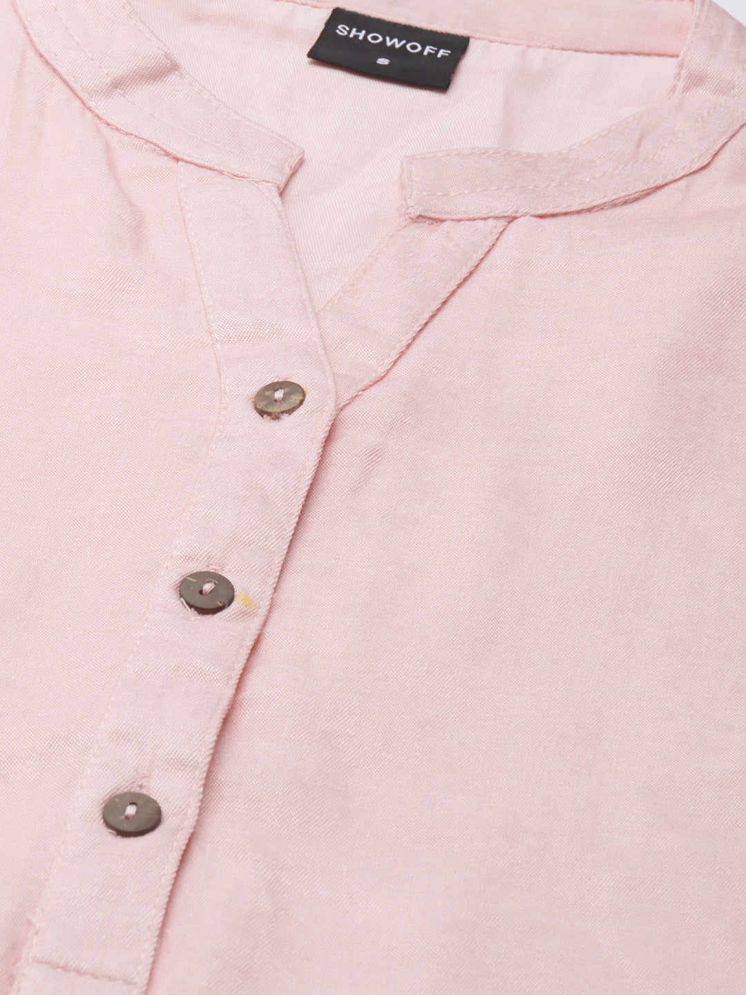 Women's Pink Mandarin Collar Cotton Straight Kurta