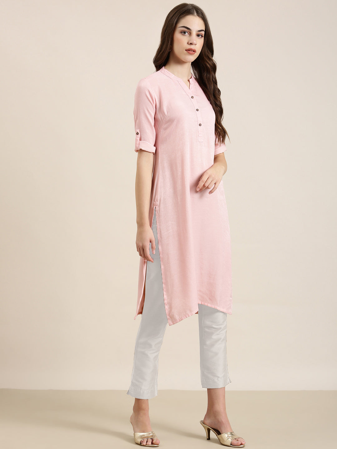 Women's Pink Mandarin Collar Cotton Straight Kurta
