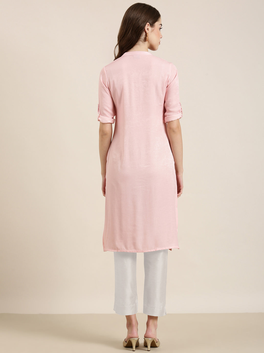 Women's Pink Mandarin Collar Cotton Straight Kurta