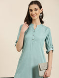 Women's Turquoise Blue Mandarin Collar Cotton Straight Kurta