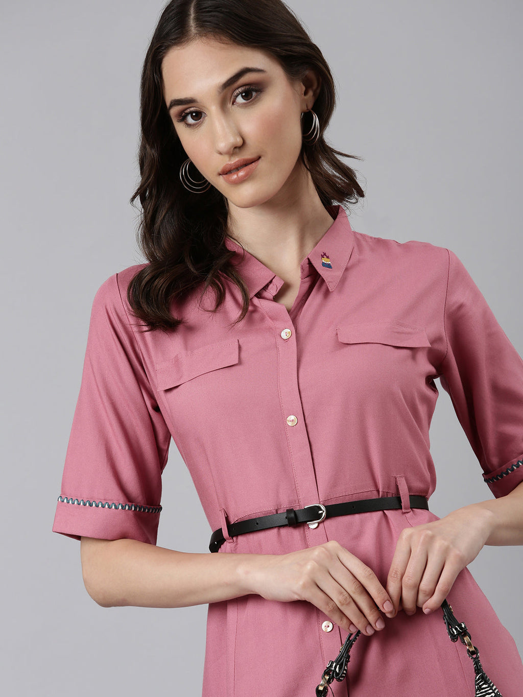 Women's Pink Shirt Collar Short Sleeves Belted Shirt Dress