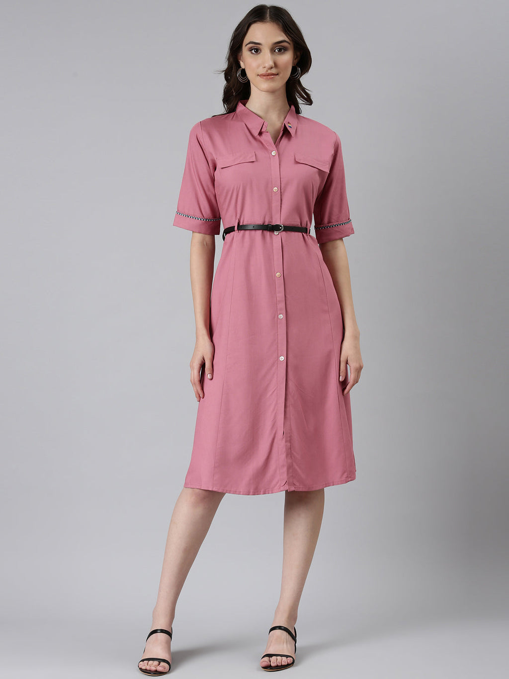 Women's Pink Shirt Collar Short Sleeves Belted Shirt Dress