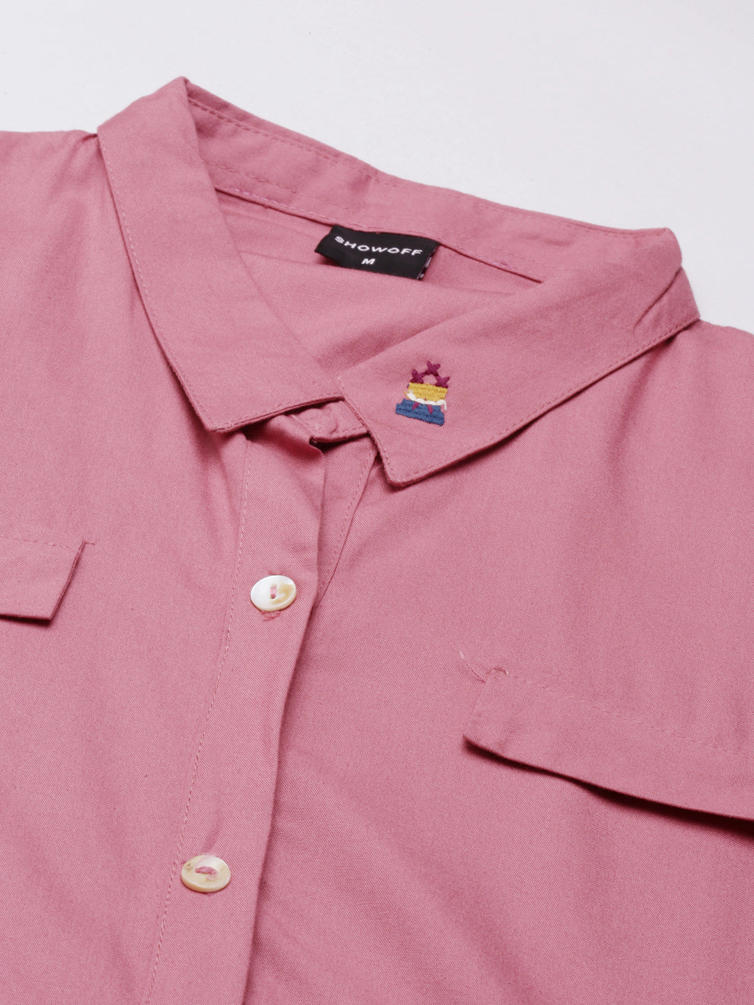 Women's Pink Shirt Collar Short Sleeves Belted Shirt Dress