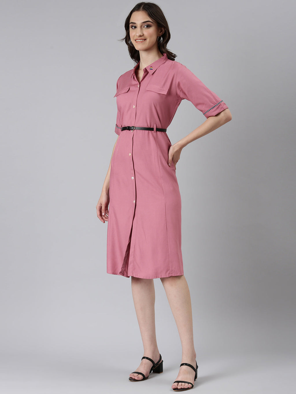 Women's Pink Shirt Collar Short Sleeves Belted Shirt Dress