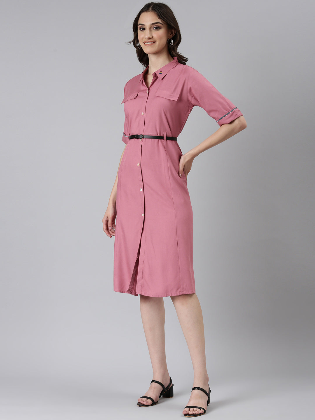 Women's Pink Shirt Collar Short Sleeves Belted Shirt Dress
