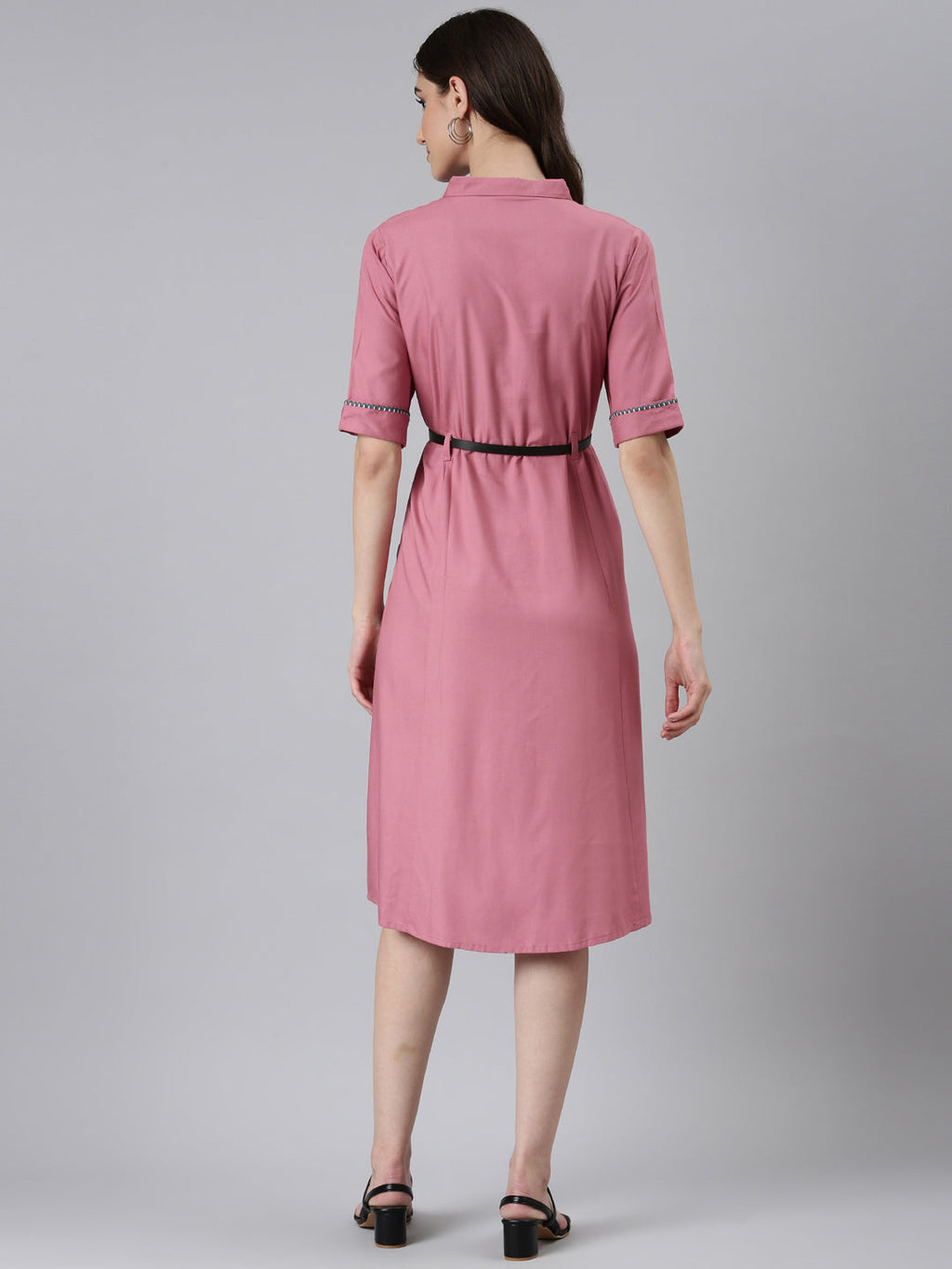 Women's Pink Shirt Collar Short Sleeves Belted Shirt Dress