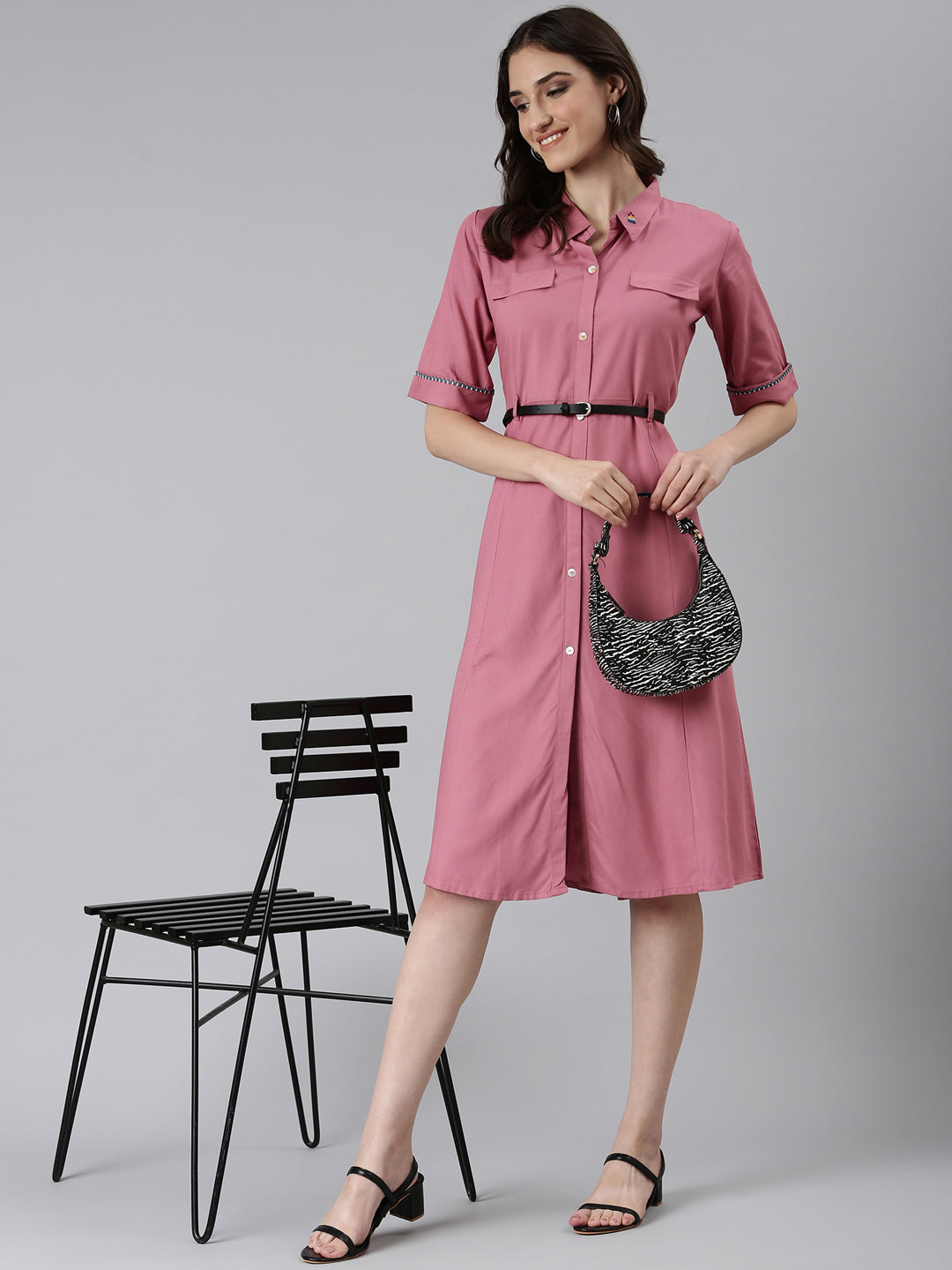 Women's Pink Shirt Collar Short Sleeves Belted Shirt Dress