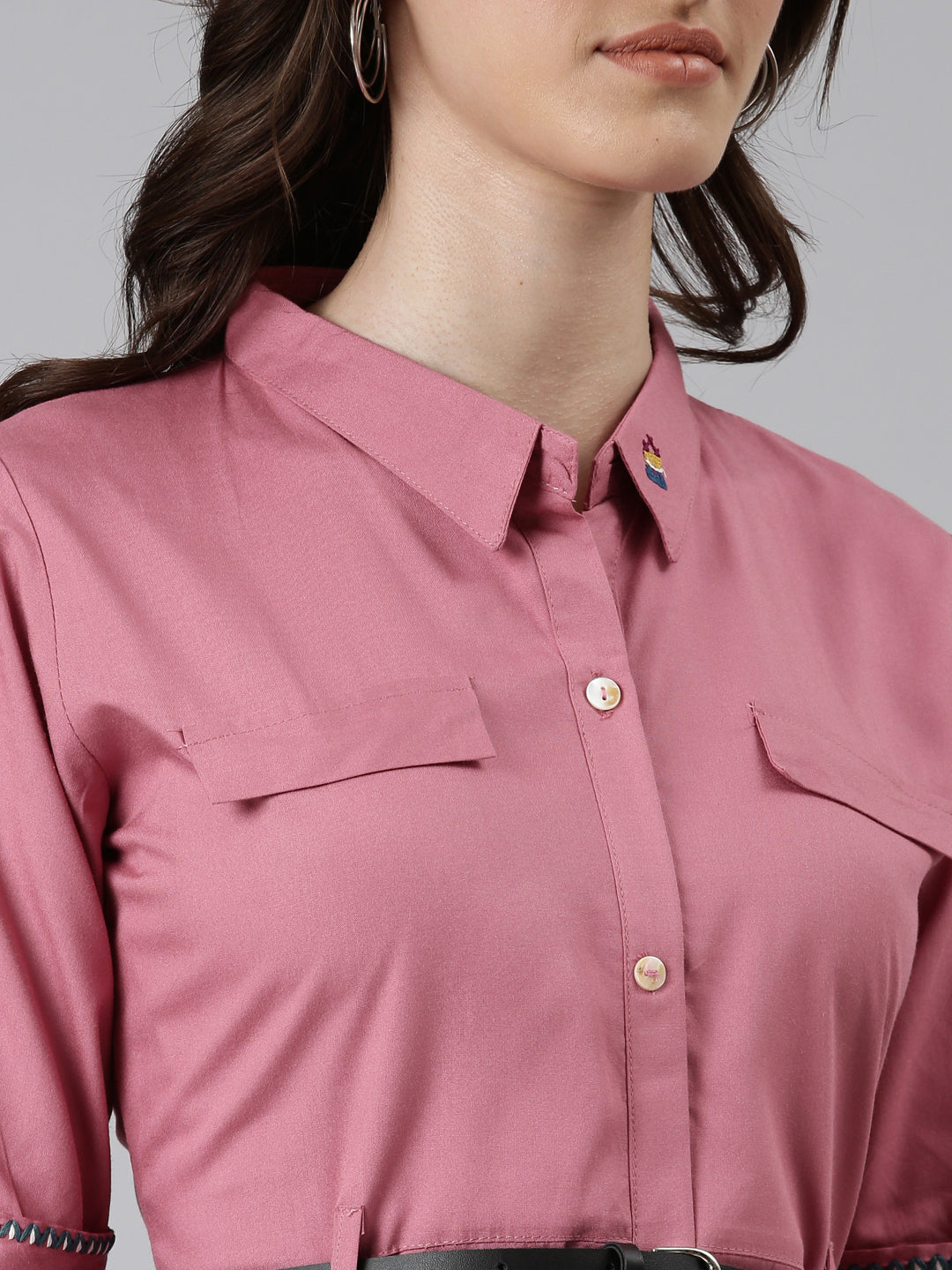 Women's Pink Shirt Collar Short Sleeves Belted Shirt Dress