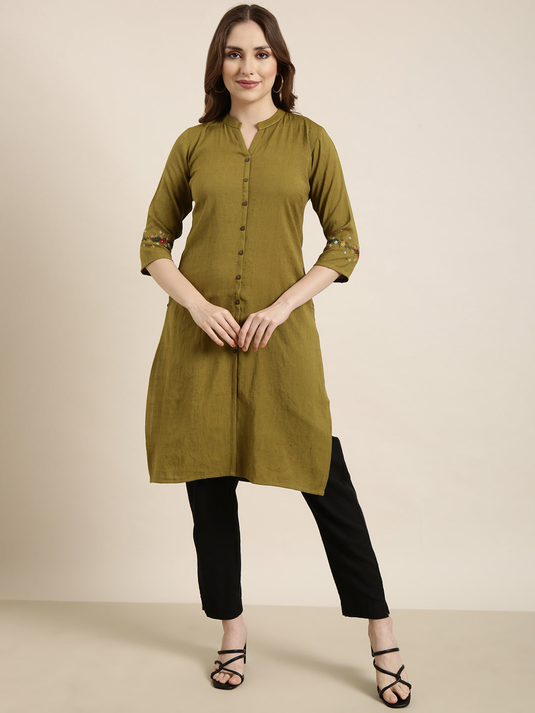 Women's Straight Olive Solid Kurta