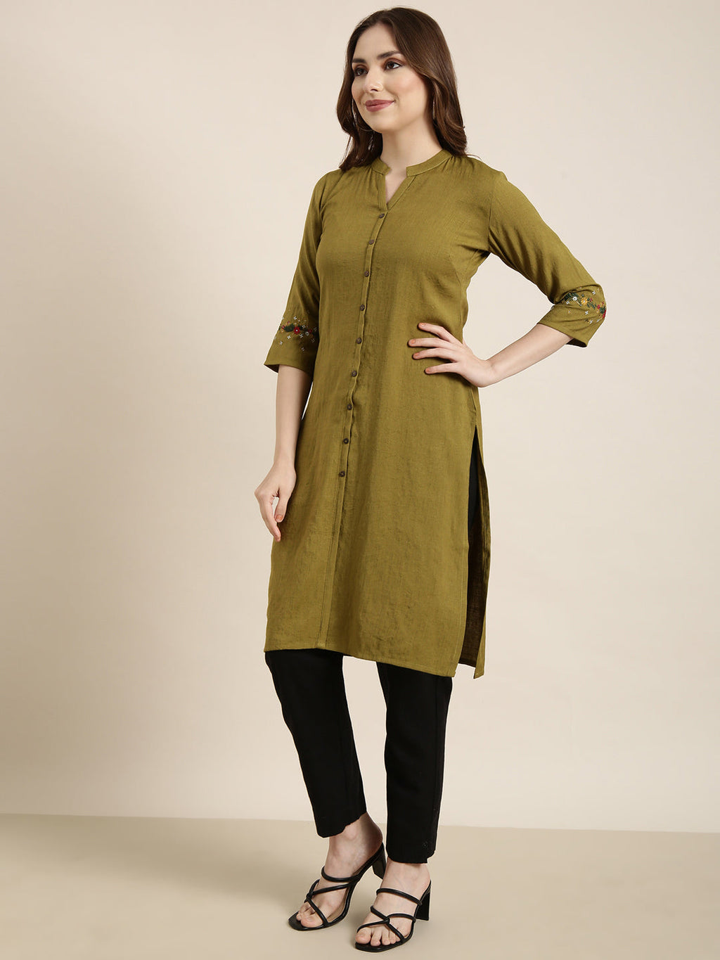Women's Straight Olive Solid Kurta