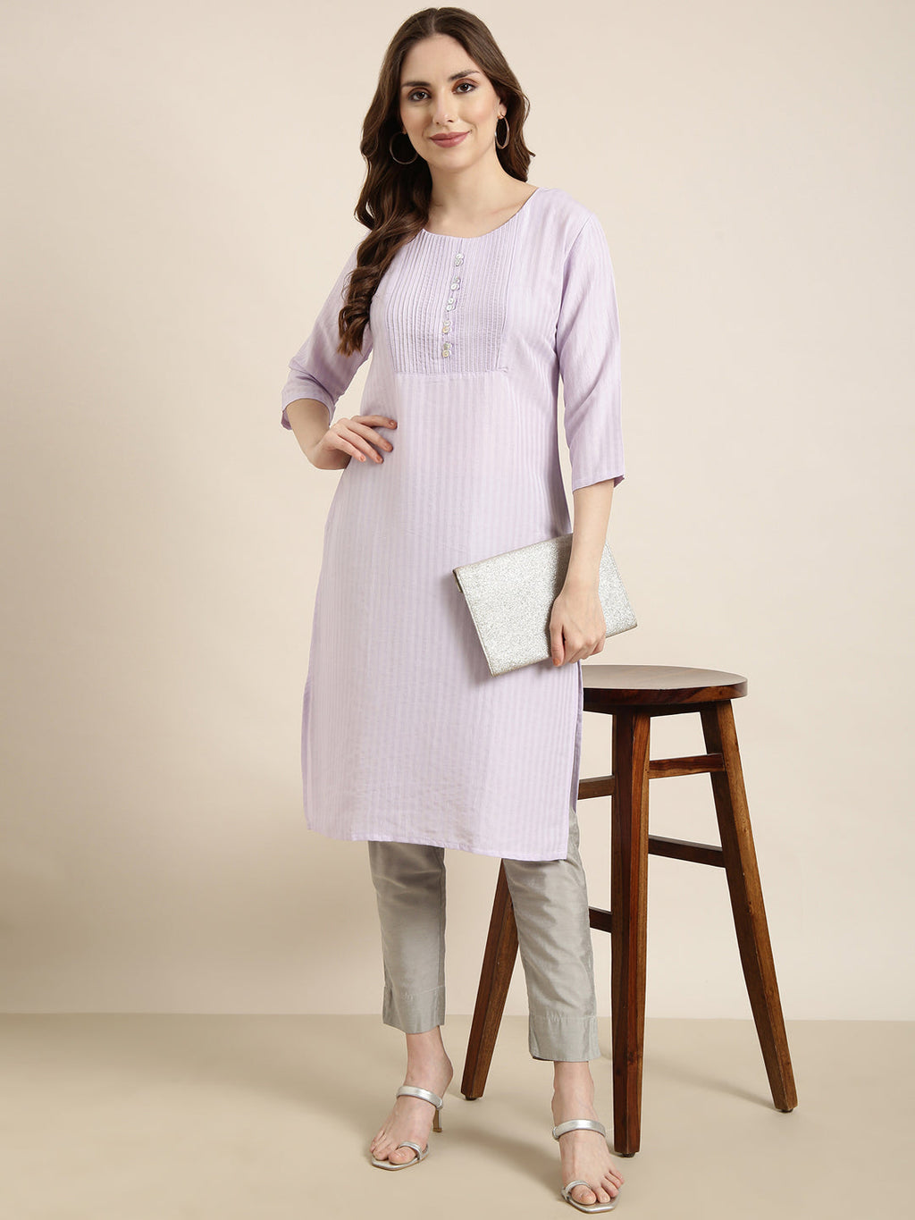 Women's Straight Lavender Solid Kurta