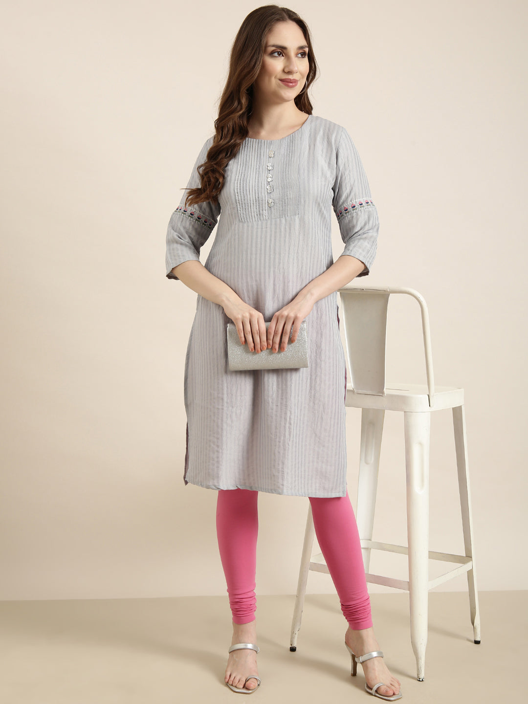 Women's Straight Grey Striped Kurta