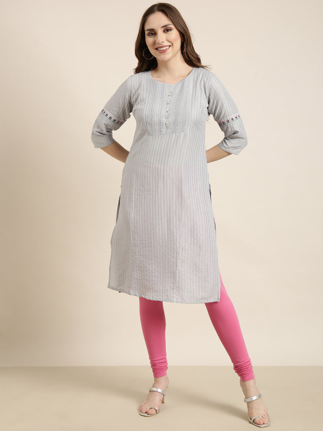 Women's Straight Grey Striped Kurta