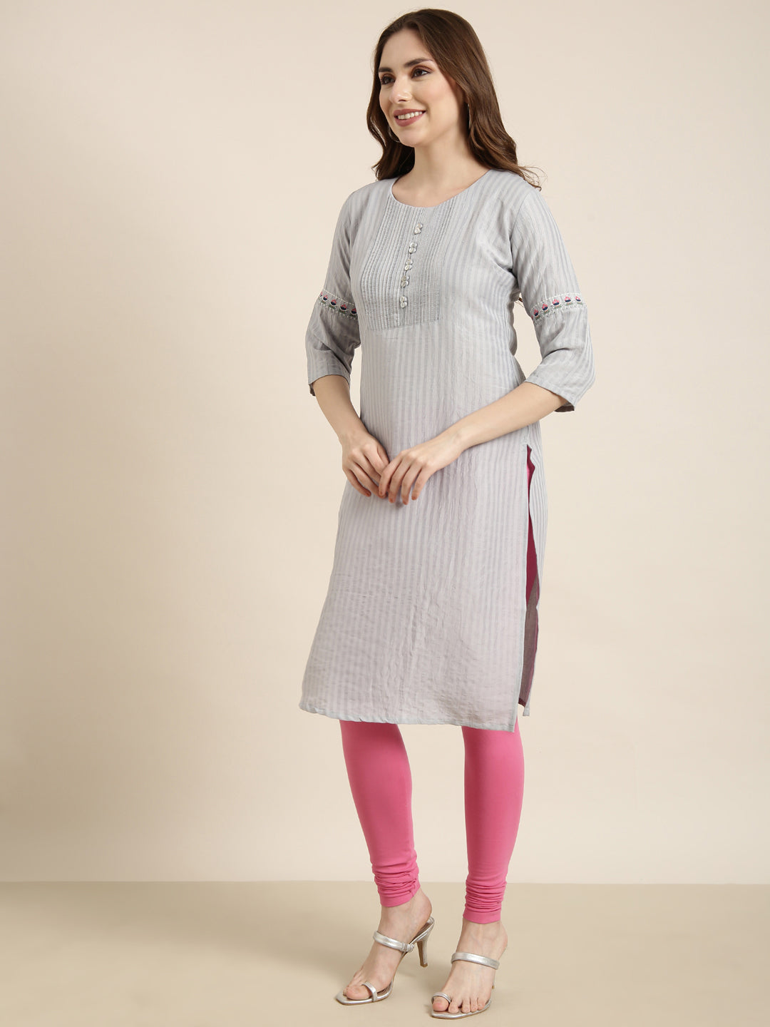 Women's Straight Grey Striped Kurta