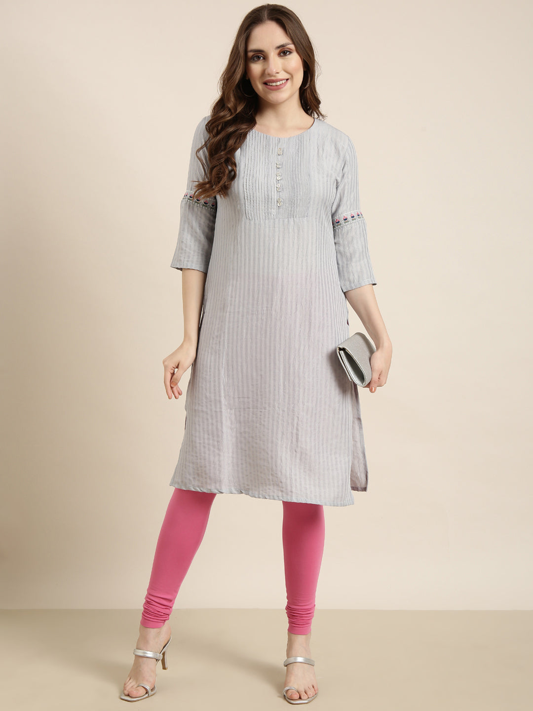 Women's Straight Grey Striped Kurta