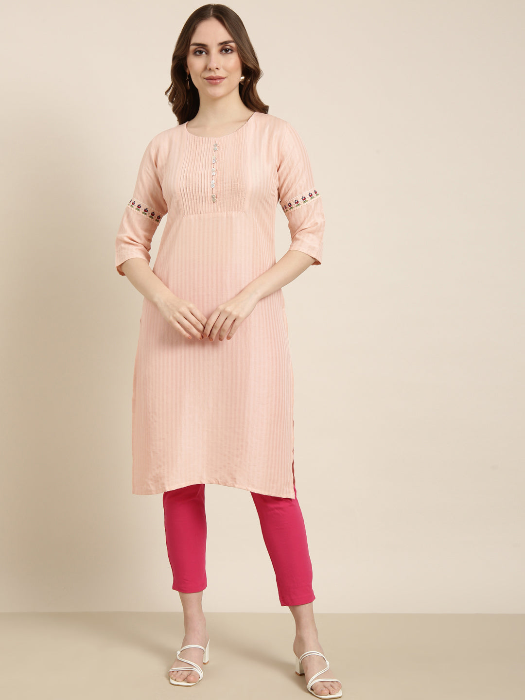 Women's Straight Peach Striped Kurta