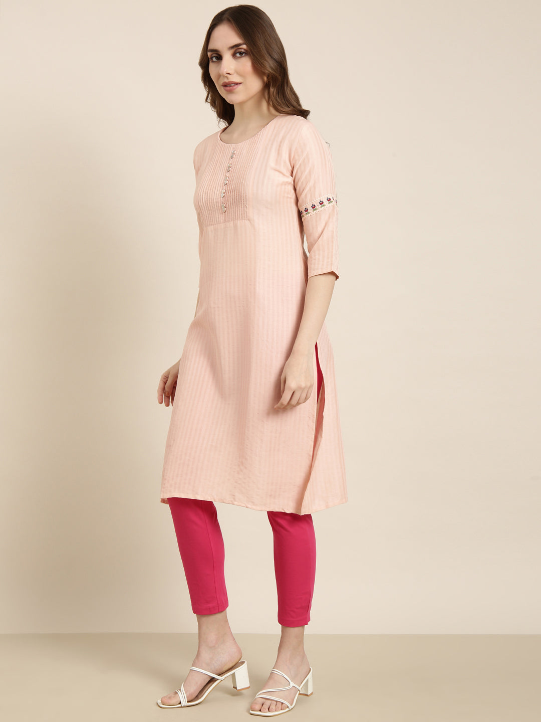 Women's Straight Peach Striped Kurta