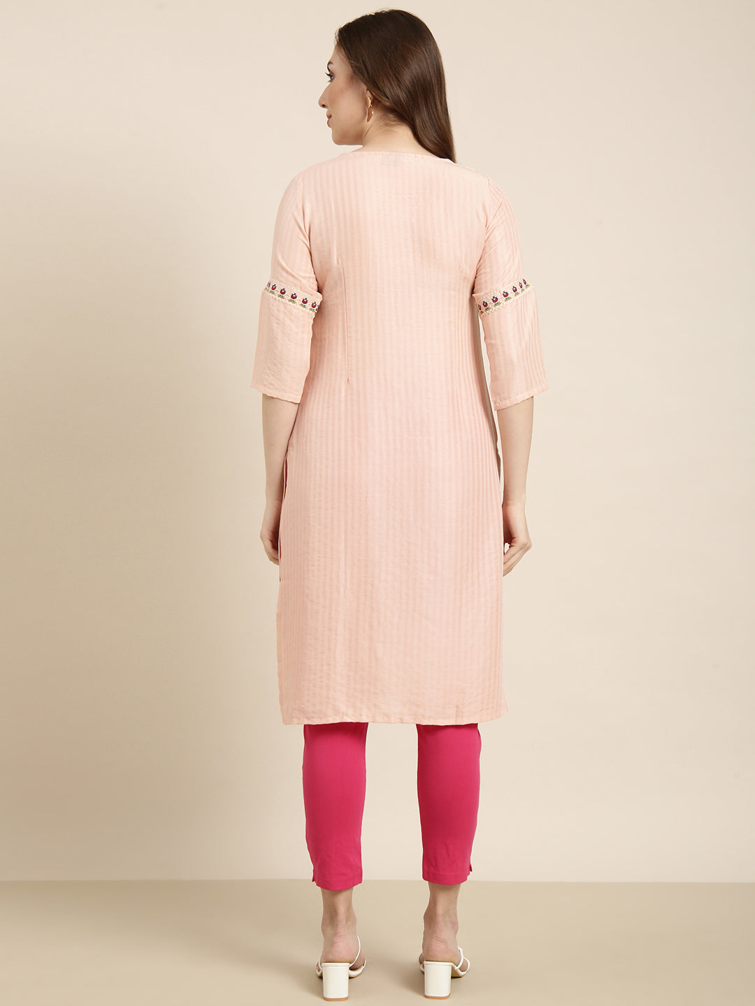 Women's Straight Peach Striped Kurta