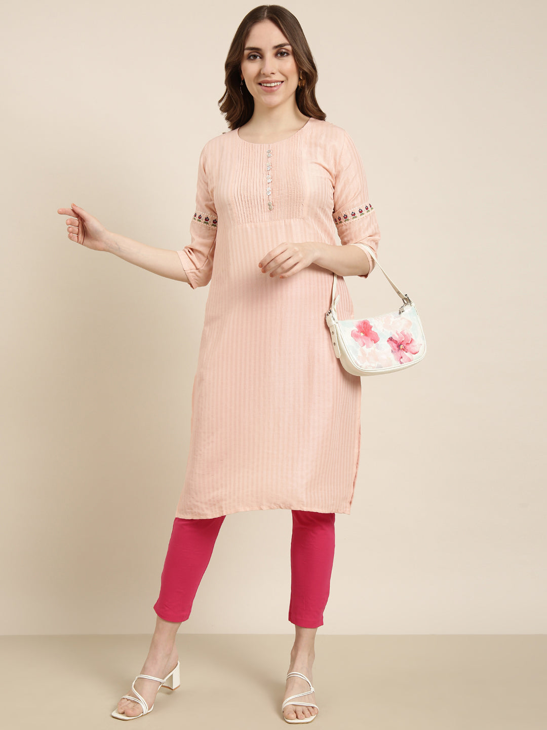 Women's Straight Peach Striped Kurta