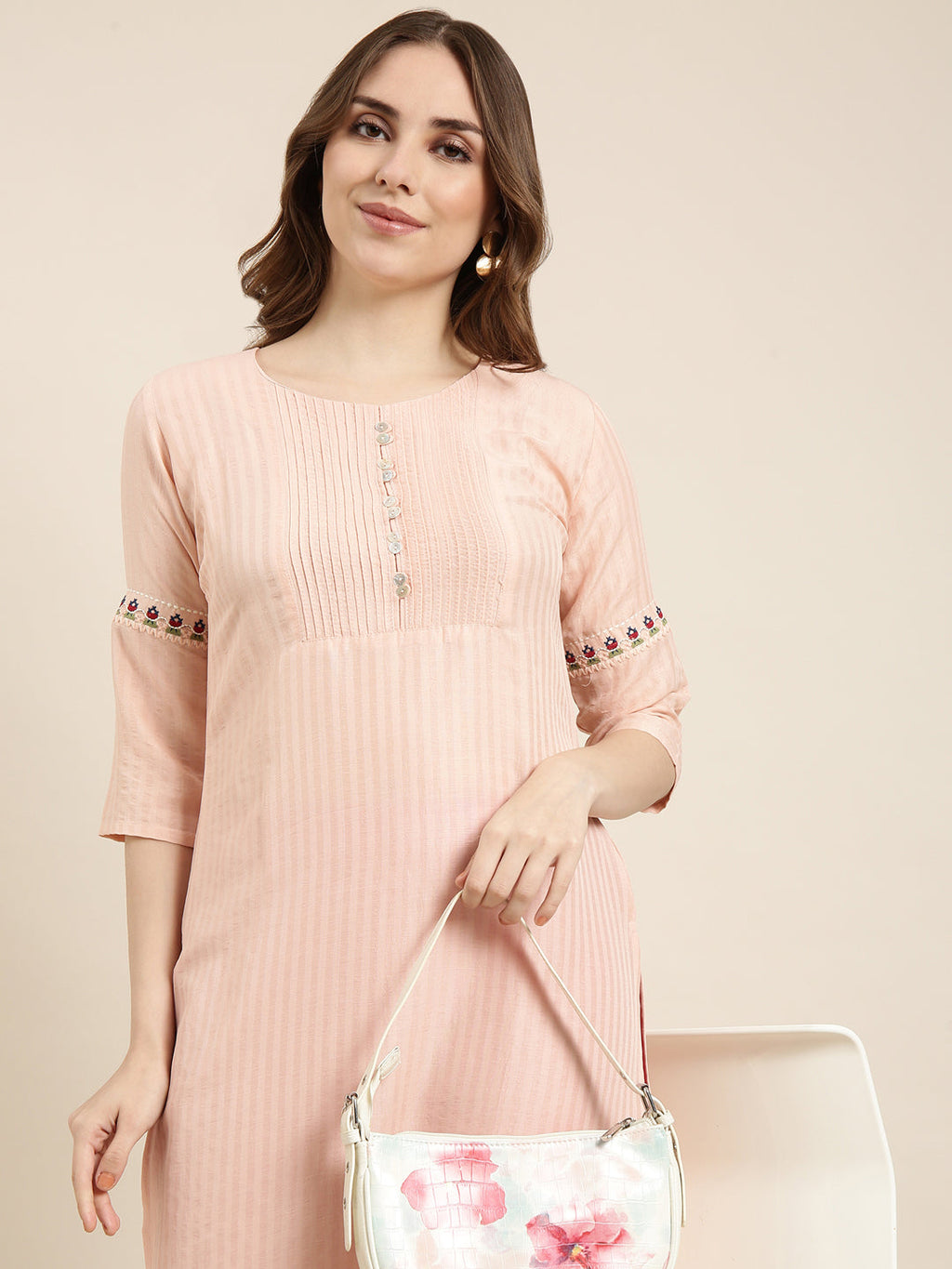 Women's Straight Peach Striped Kurta