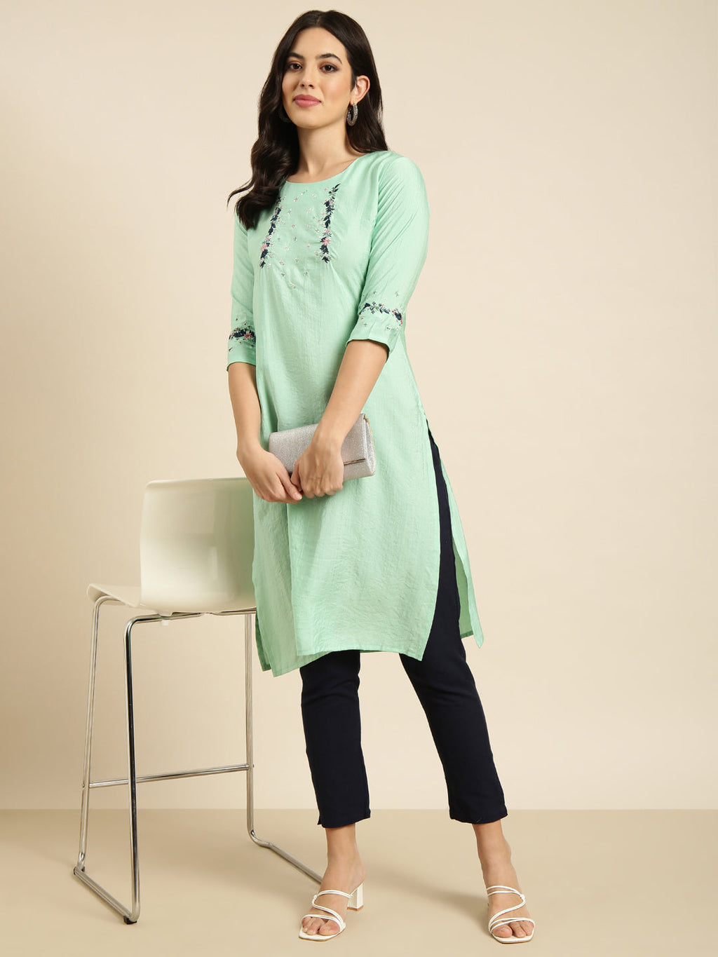 Women's Straight Sea Green Solid Kurta