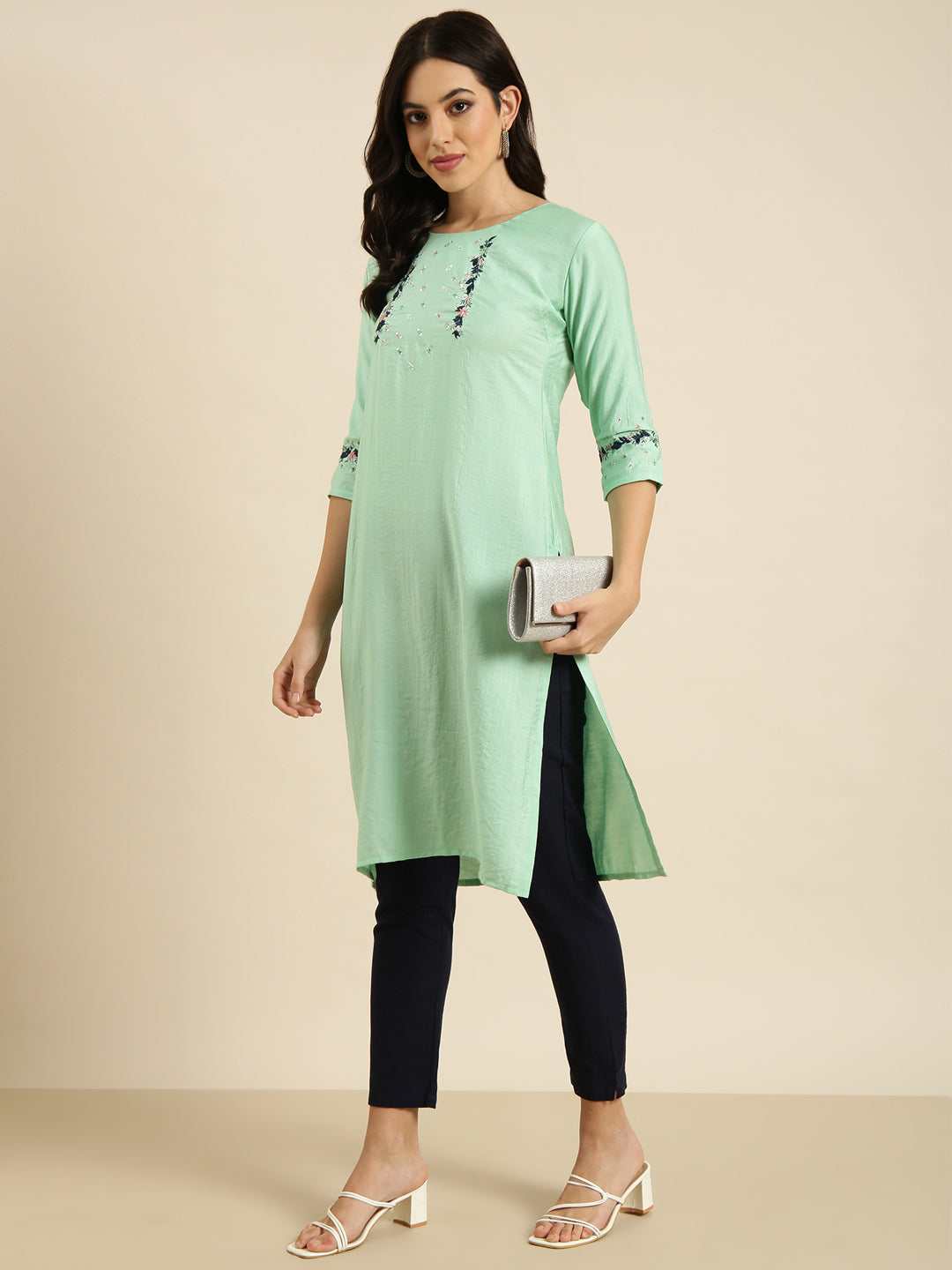 Women's Straight Sea Green Solid Kurta