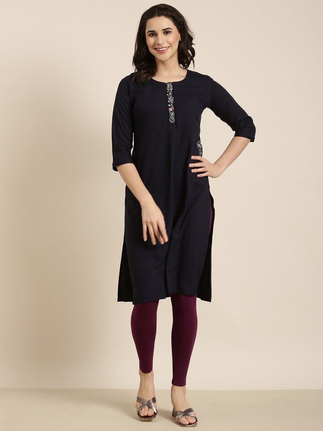 Women's Straight Navy Blue Solid Kurta