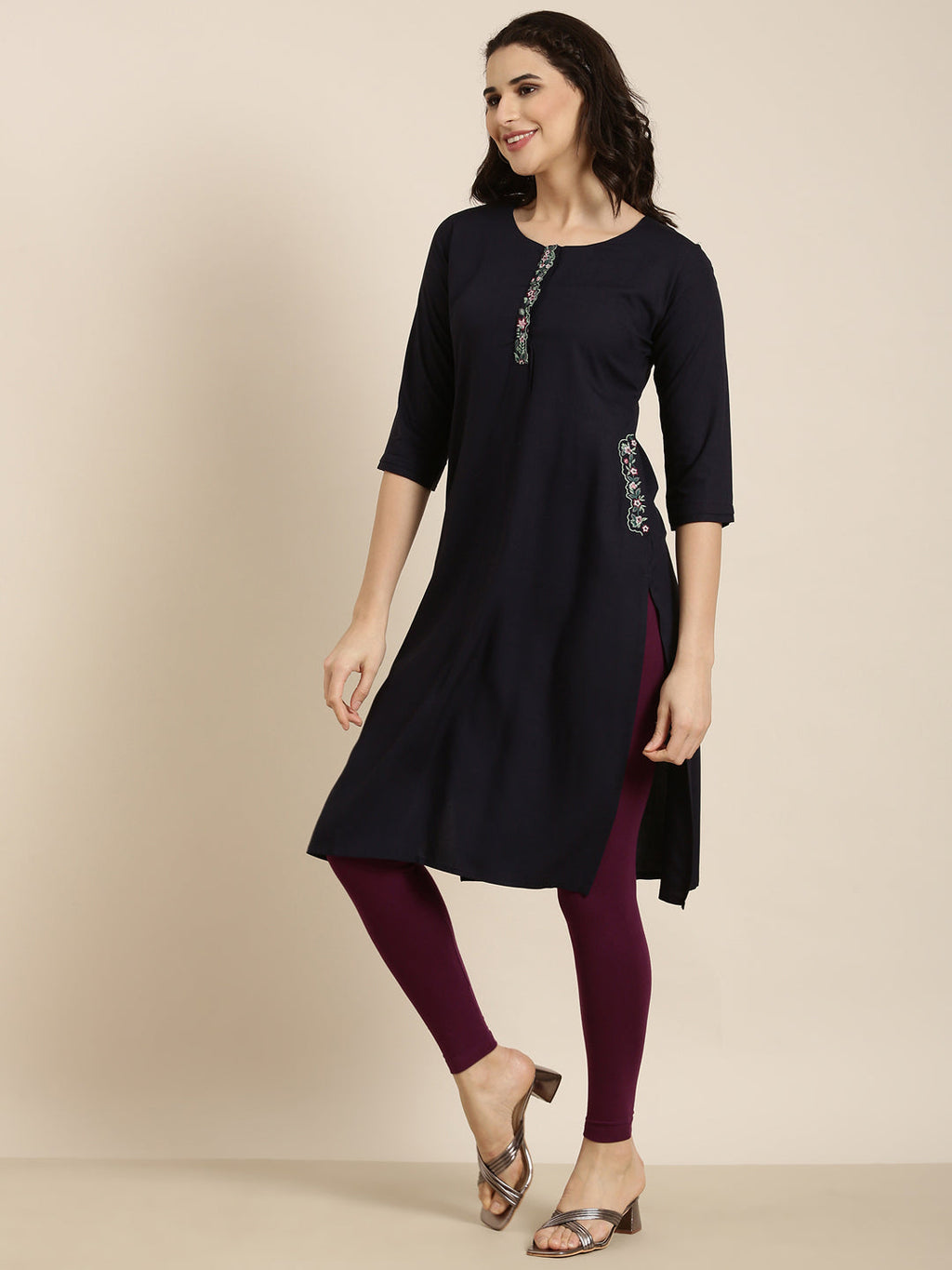 Women's Straight Navy Blue Solid Kurta