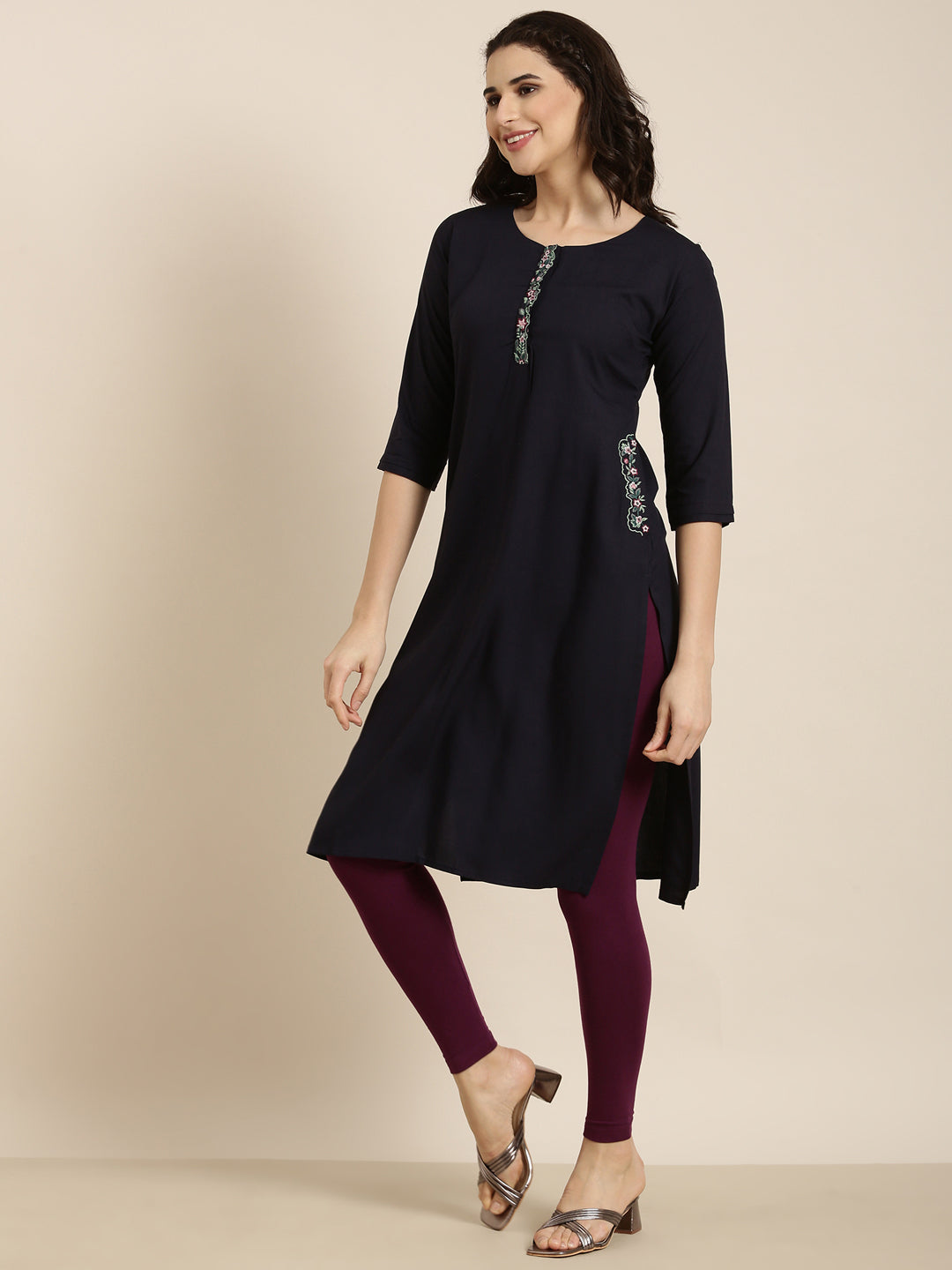 Women's Straight Navy Blue Solid Kurta
