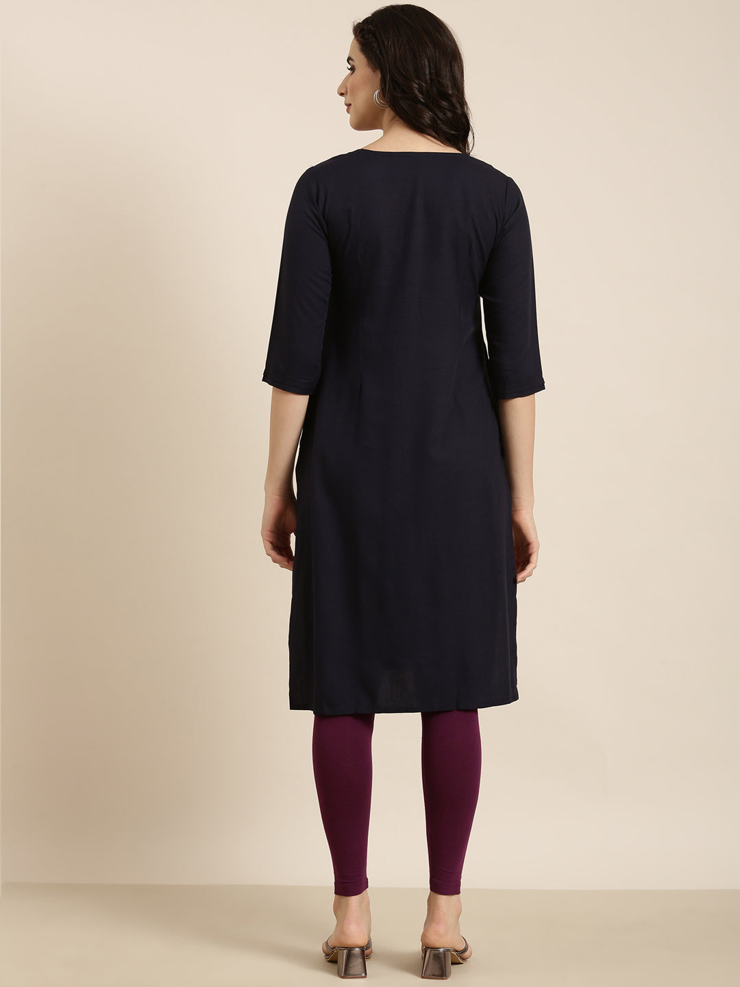 Women's Straight Navy Blue Solid Kurta