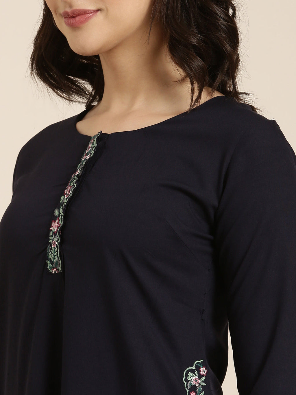 Women's Straight Navy Blue Solid Kurta