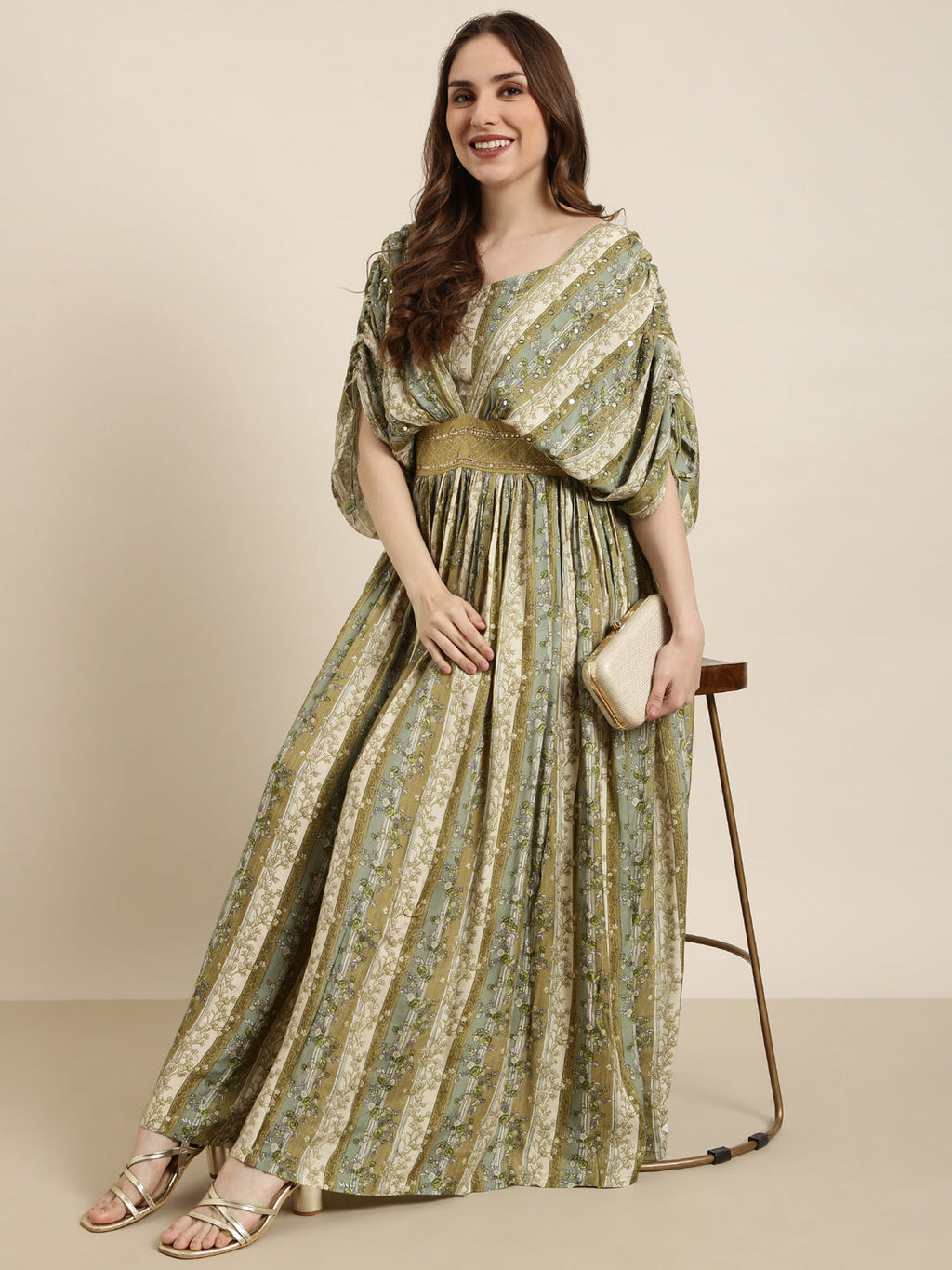 Women's Green Floral Print Cape Sleeve Fit & Flare Dress