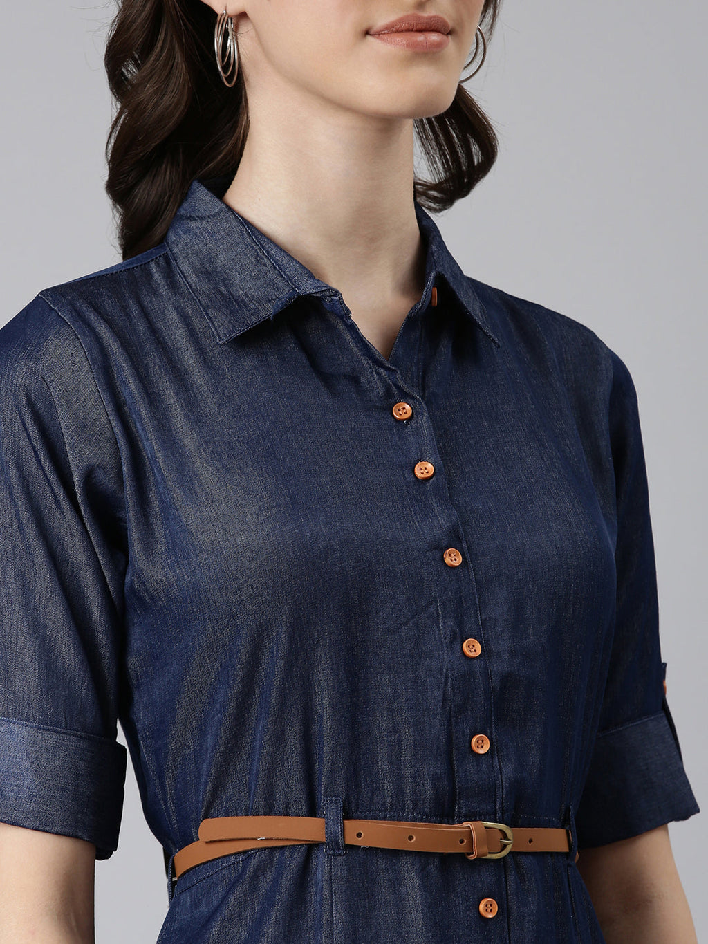 Women's Navy Blue Shirt Collar Roll-Up Sleeves Shirt Dress With Belt
