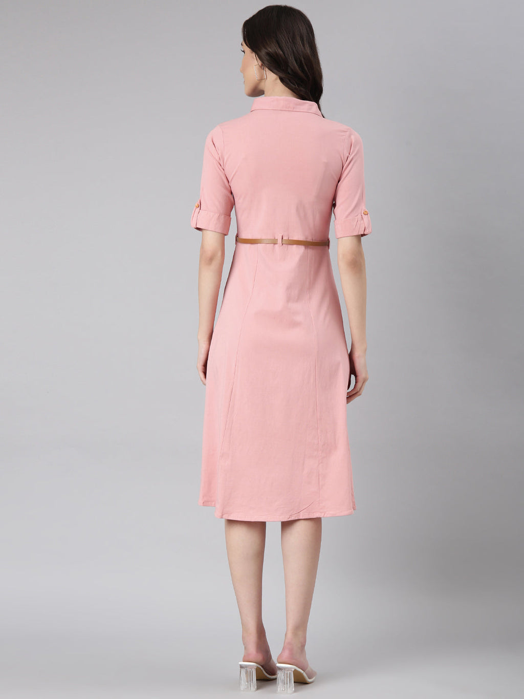 Women's Pink Shirt Collar Short Sleeves Cotton Shirt Dress