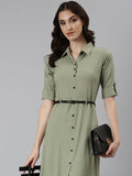 Women's Green Shirt Collar Roll-Up Sleeves Belted A-Line Dress