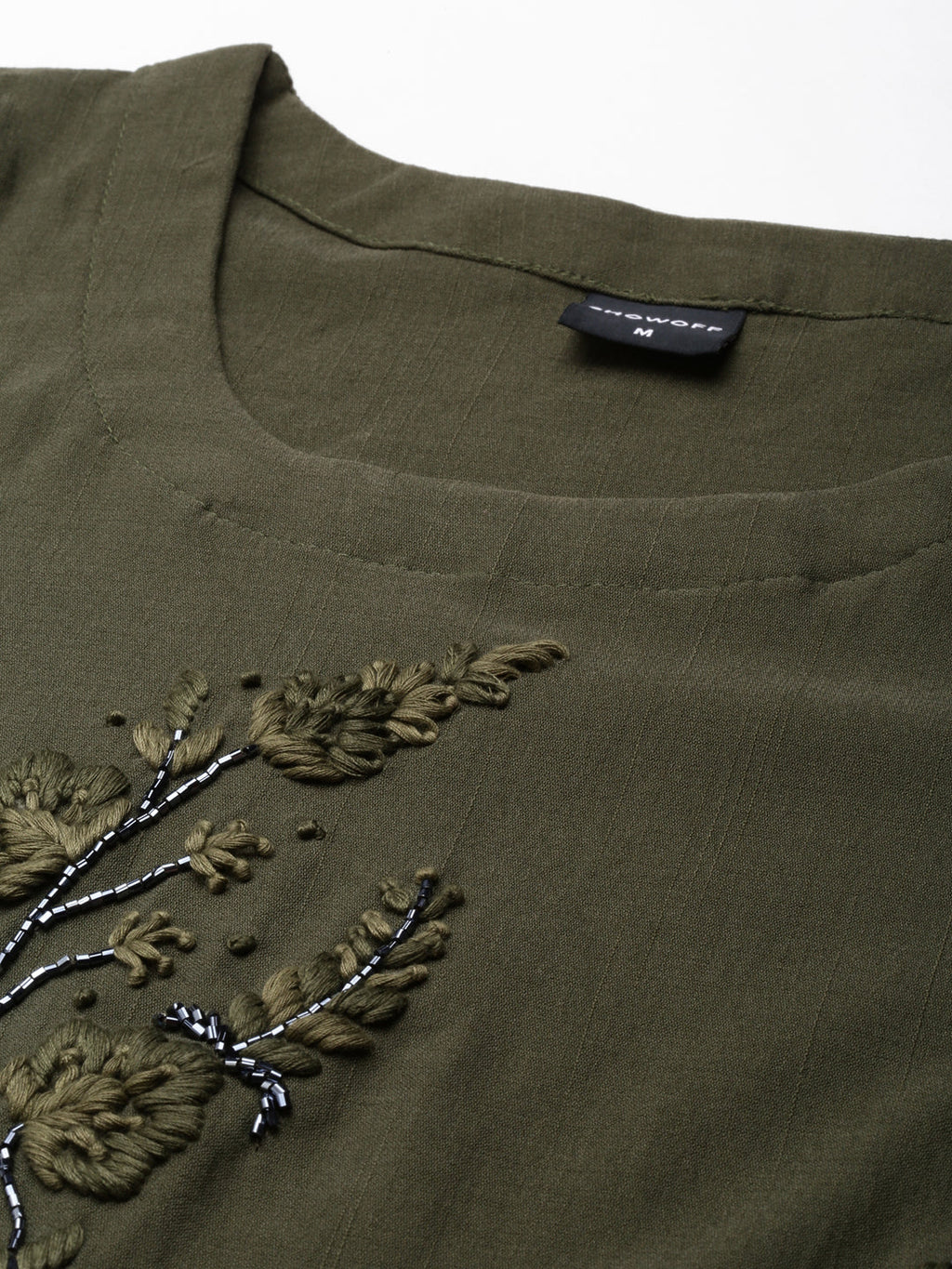Women's Olive Floral Embroidered Beads & Stones Straight Kurta