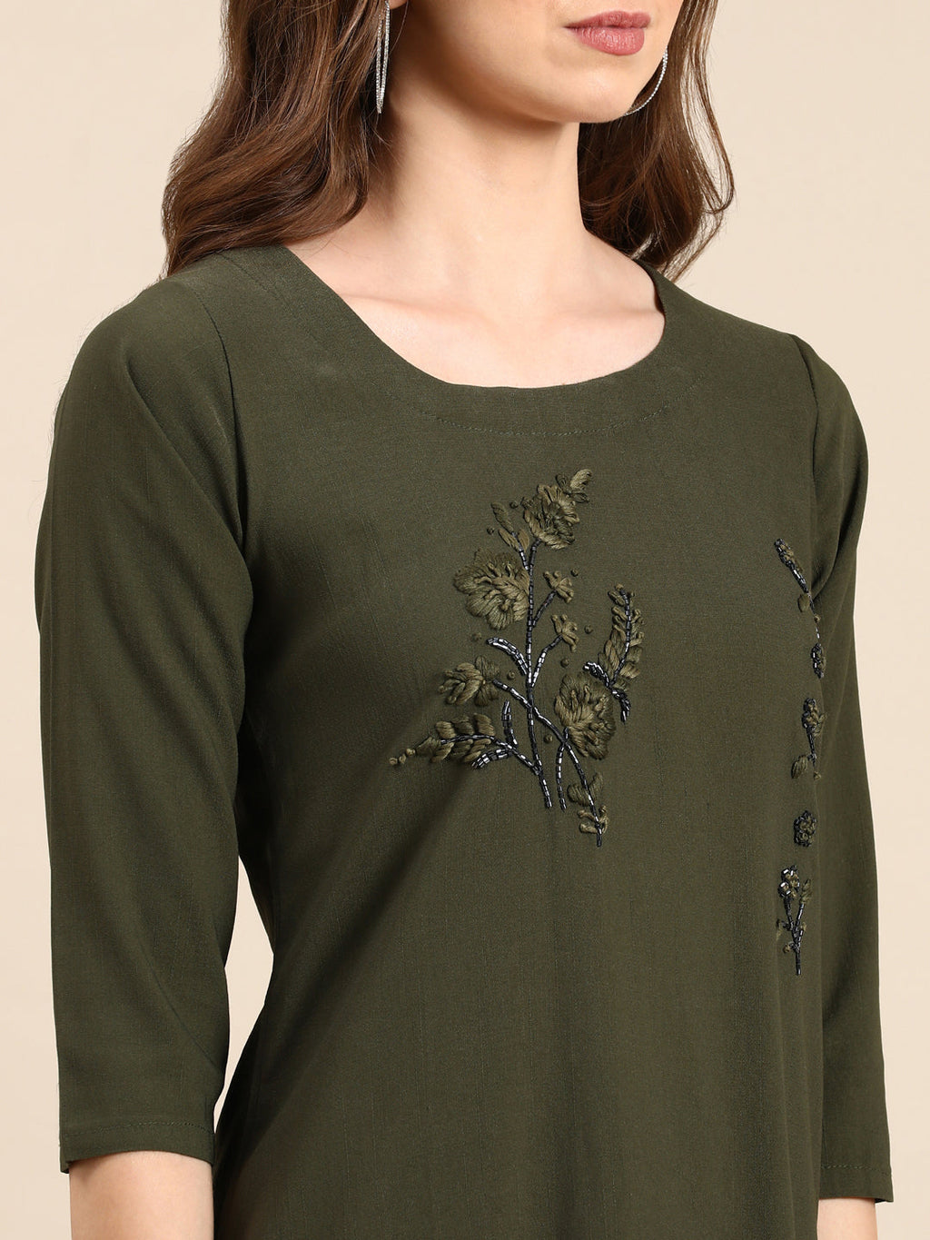 Women's Olive Floral Embroidered Beads & Stones Straight Kurta