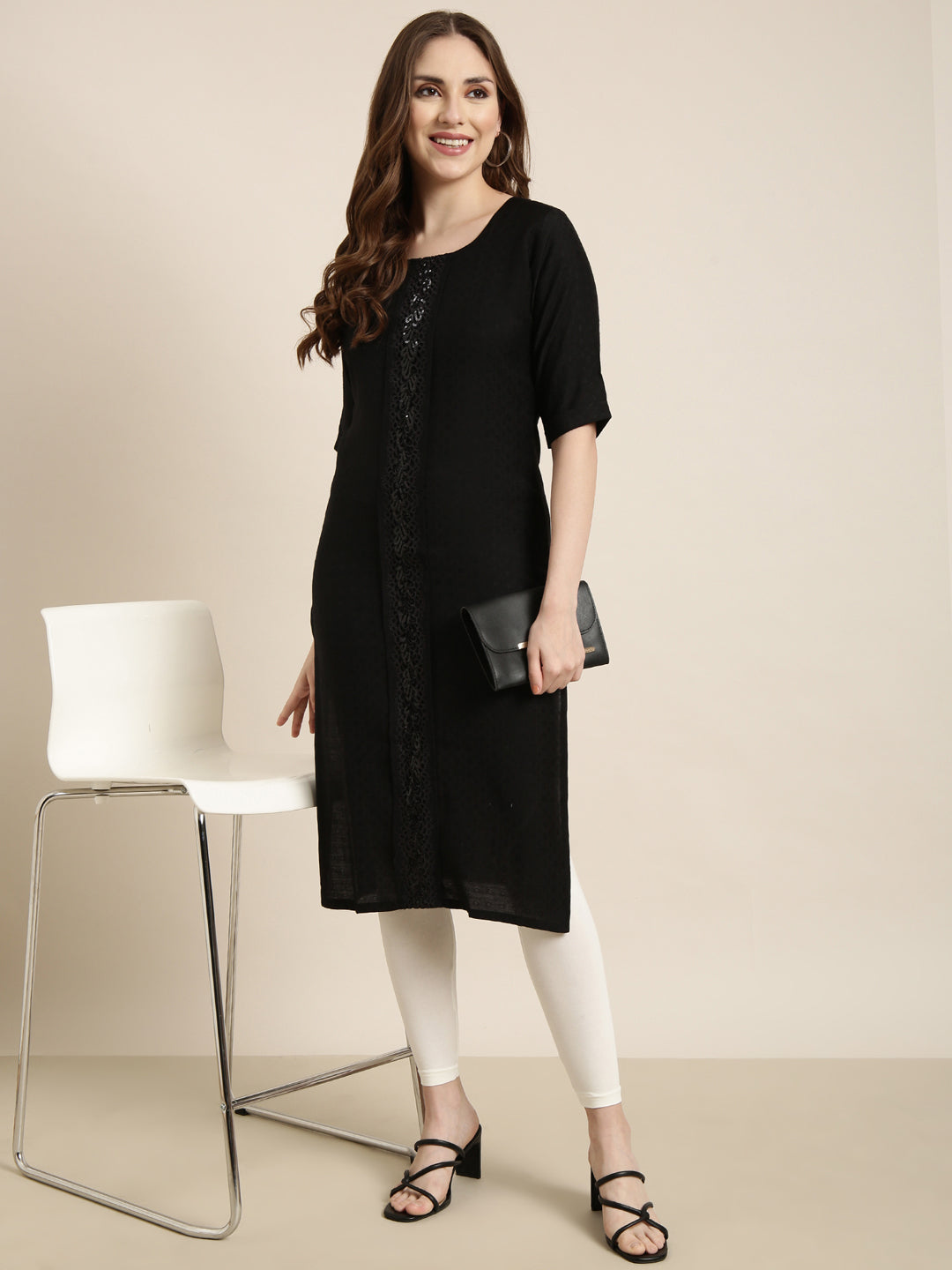 Women's Straight Black Solid Kurta