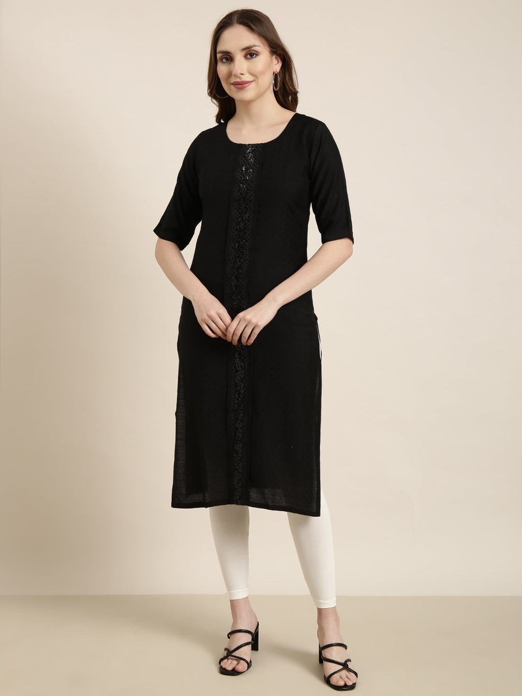 Women's Straight Black Solid Kurta