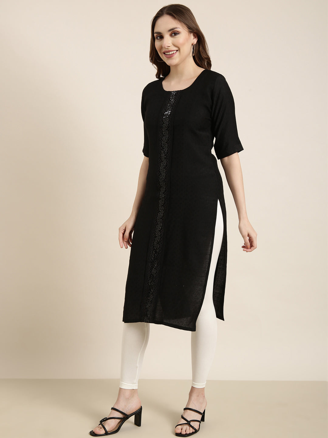 Women's Straight Black Solid Kurta