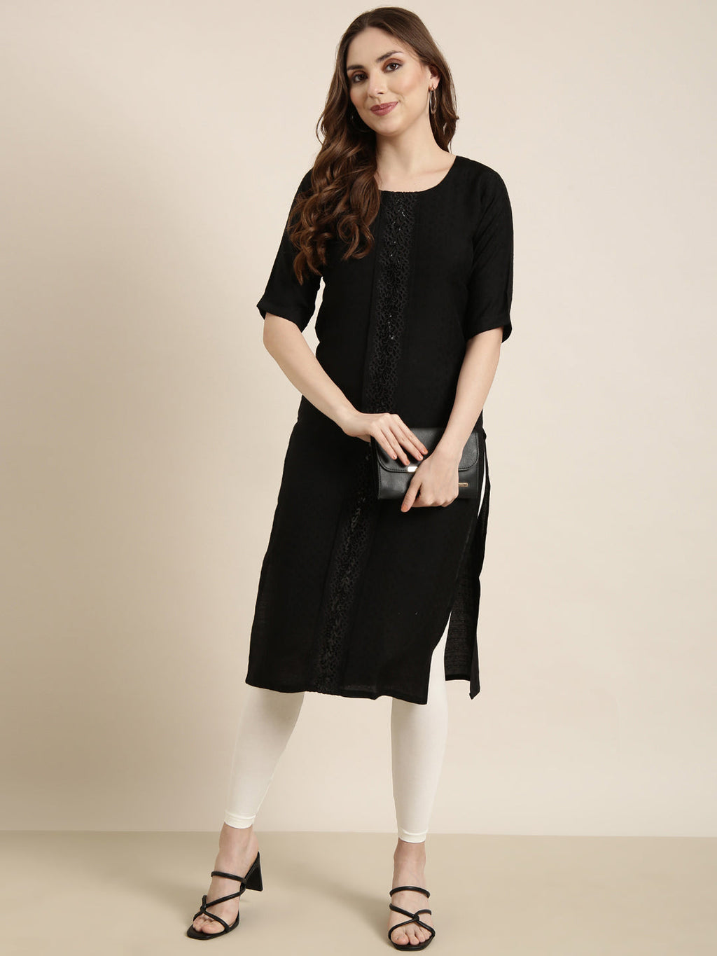 Women's Straight Black Solid Kurta