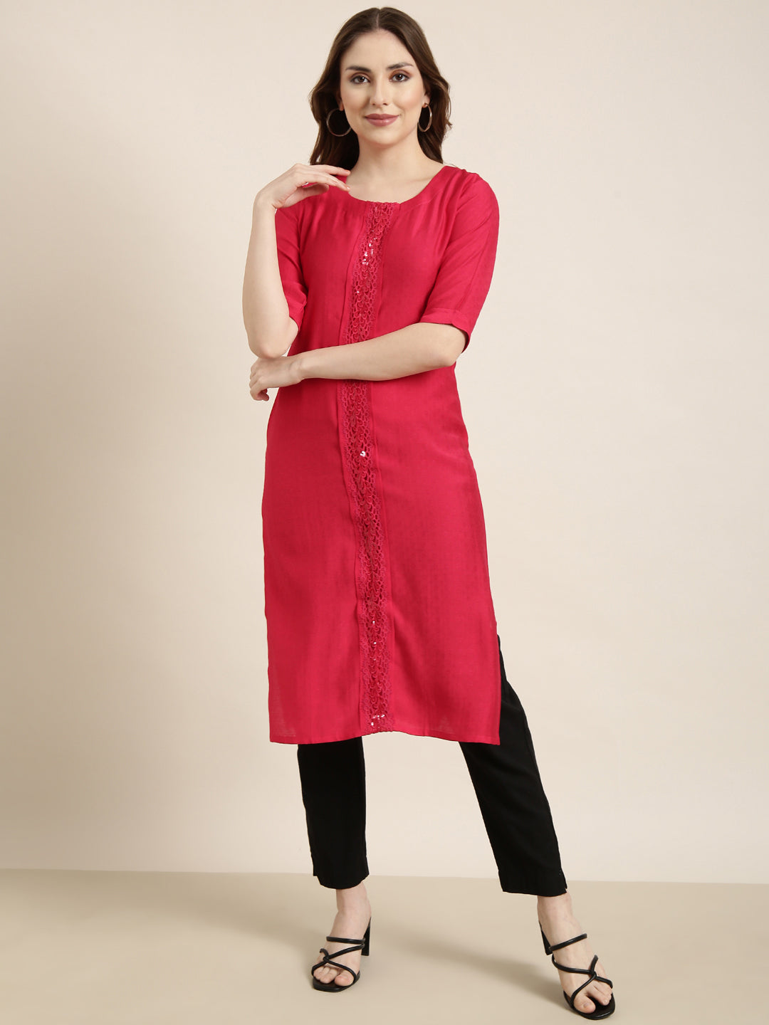 Women's Straight Pink Solid Kurta