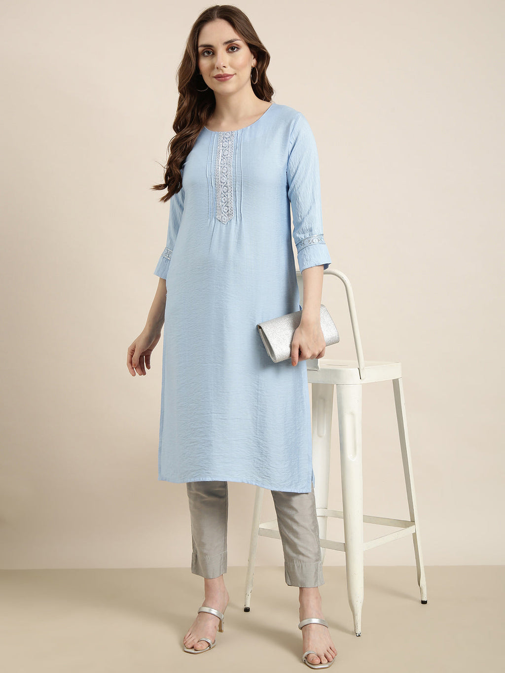 Women's Straight Blue Solid Kurta