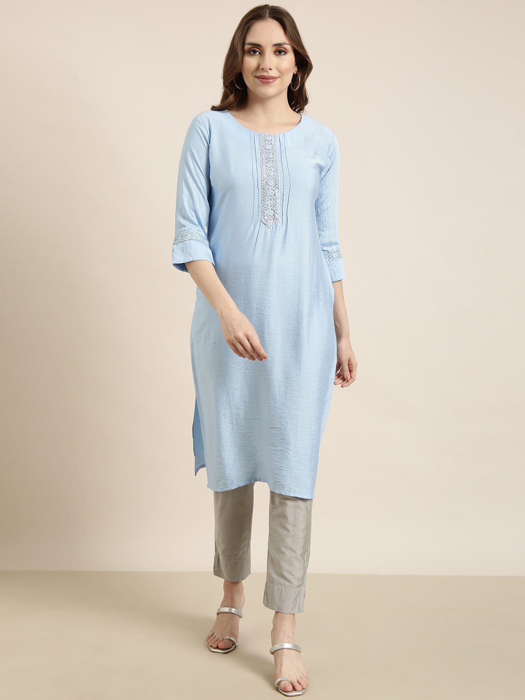 Women's Straight Blue Solid Kurta