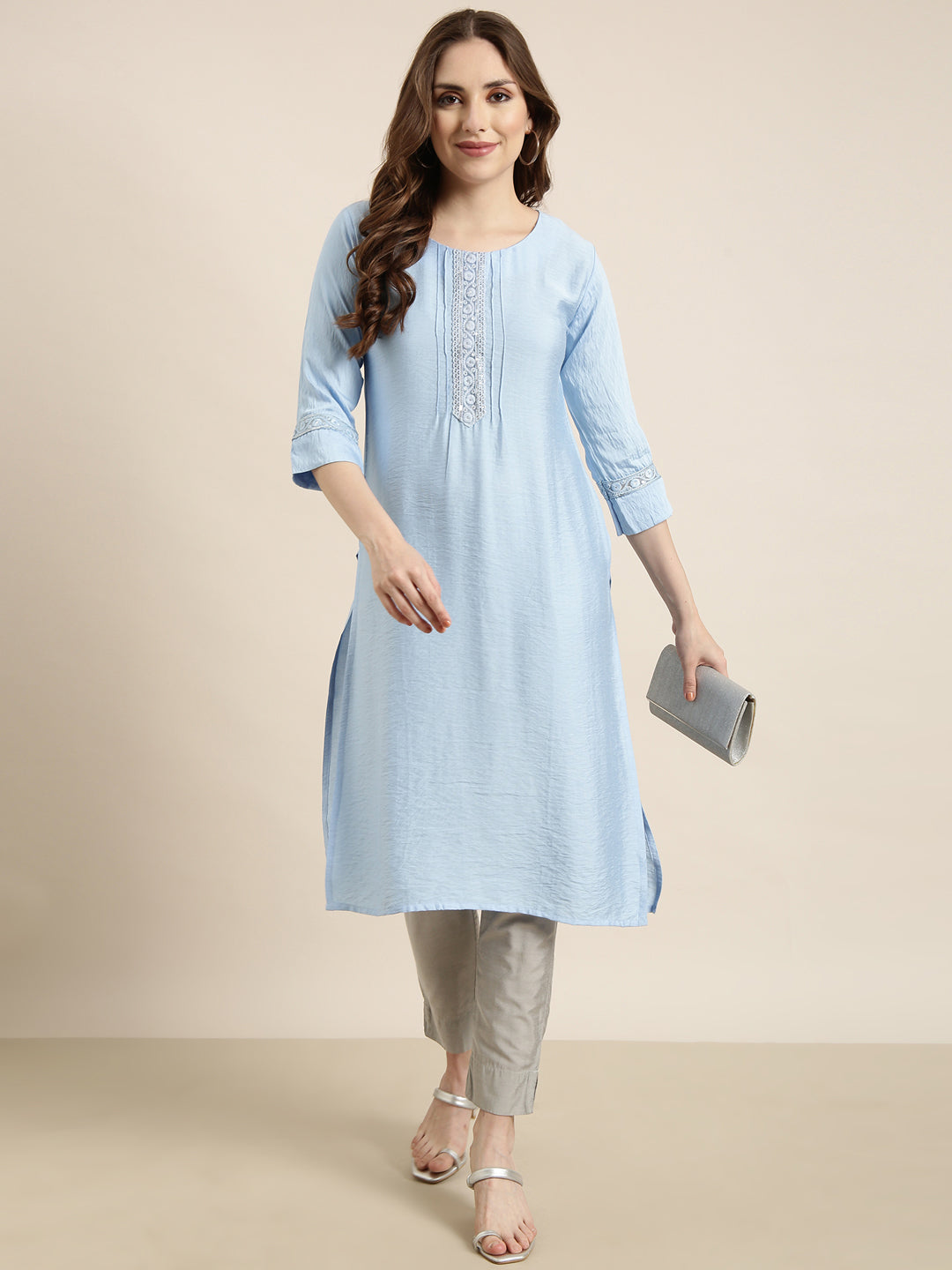 Women's Straight Blue Solid Kurta