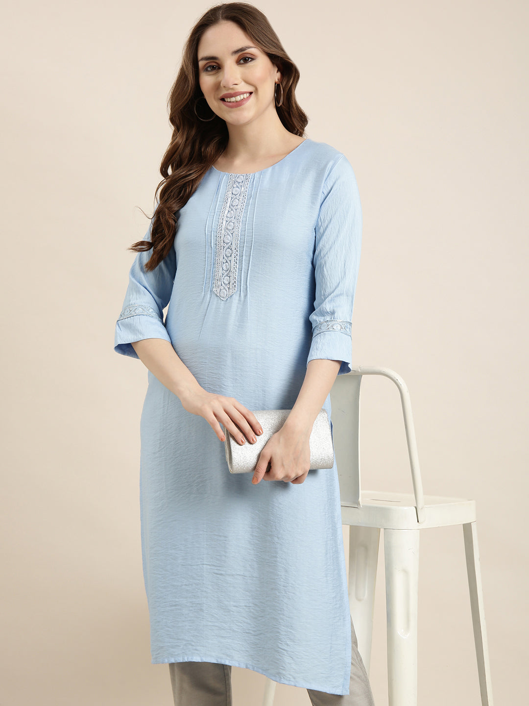 Women's Straight Blue Solid Kurta