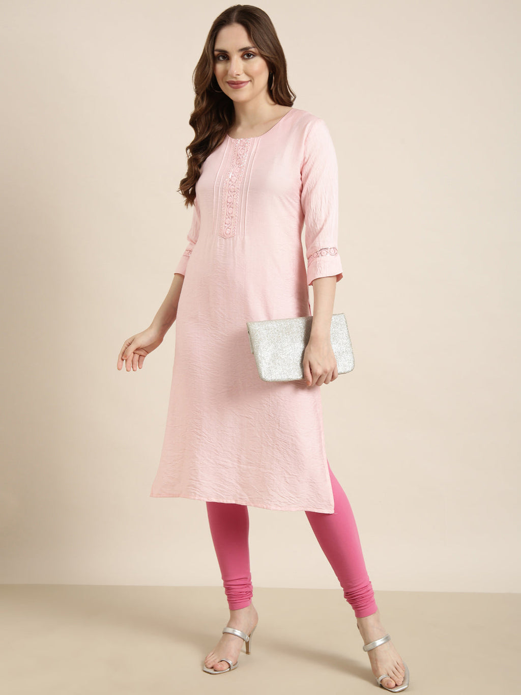 Women's Straight Pink Solid Kurta