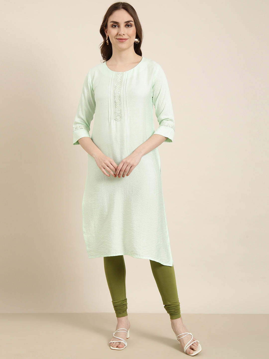 Women's Straight Sea Green Solid Kurta