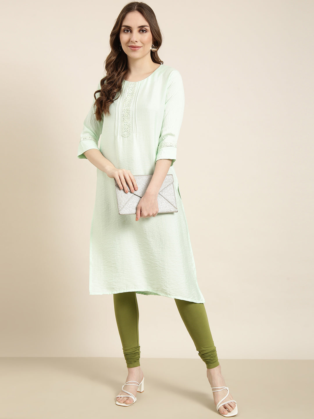 Women's Straight Sea Green Solid Kurta